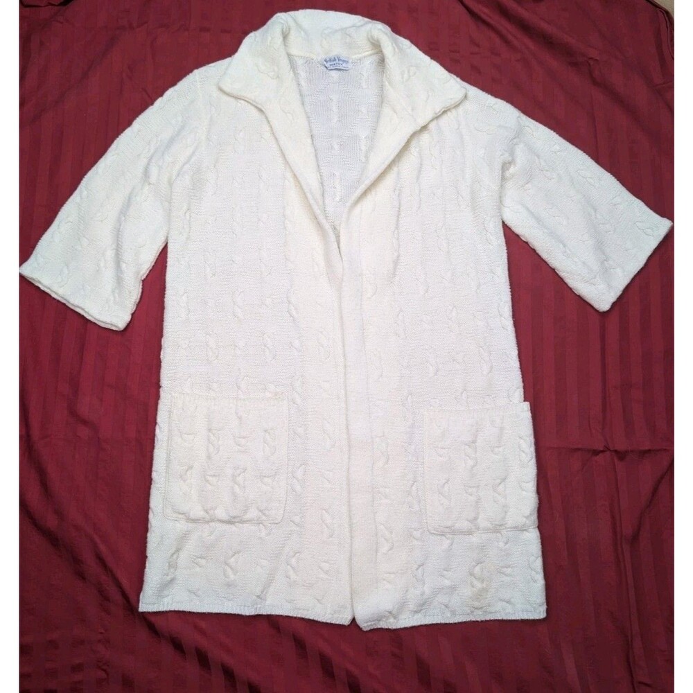 VTG British Vogue Cream Cable Knit Cardigan Sweater S Womens Acrylic Open Front